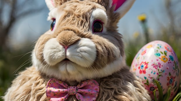 Adorable Easter Bunny Dressed in a Bow Tie Posing with a Decorated Egg photo
