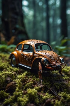 A miniature orange car covered in moss, set in a lush forest environment. photo