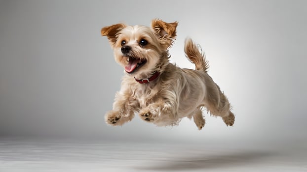 Joyful Maltipu Puppy in Mid-Air Leap Against Gray Background photo