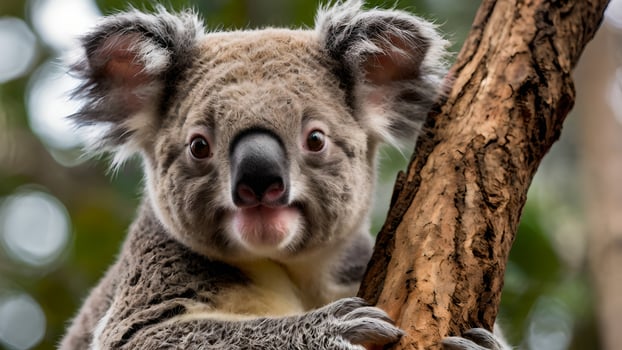 Adorable Koala Hanging on Tree Branch in Australian Rainforest photo