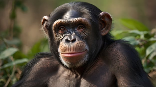 Happy Chimpanzee Portrait in Lush Green Forest photo