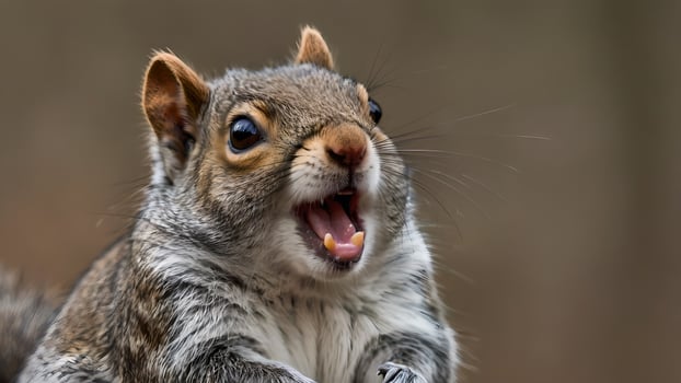 Alert Grey Squirrel Yawning Widely Outdoors photo