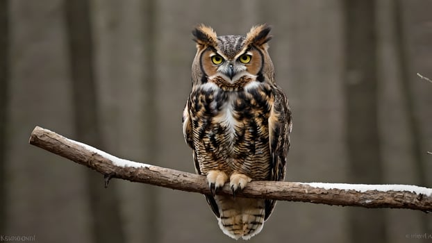 Majestic Great Horned Owl Perched on Snowy Branch in Winter Woods photo