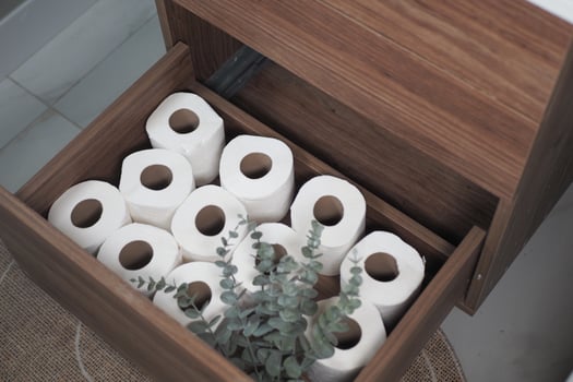 Efficiently Organized Bathroom Storage Featuring Toilet Paper and Greenery photo
