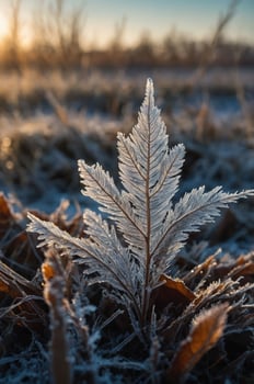 A close-up of a frosted leaf glistening in the morning light, surrounded by icy grass. photo