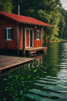 A serene red cabin by a tranquil lake surrounded by lush greenery. photo