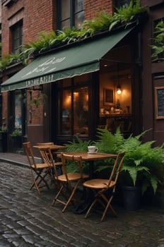 A cozy caf with outdoor seating surrounded by lush greenery. photo