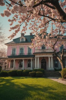 A charming pink mansion surrounded by blooming cherry blossoms and manicured lawns. photo