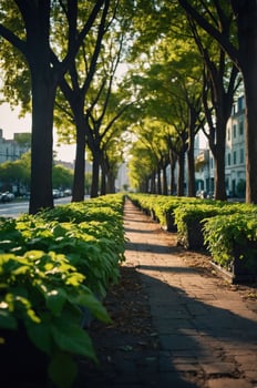A serene pathway lined with trees and greenery, inviting leisurely strolls. photo