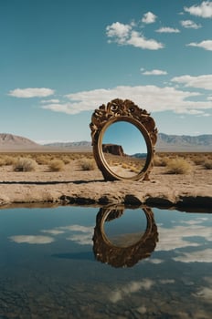 A decorative mirror stands in a desert landscape, reflecting mountains and clouds. photo