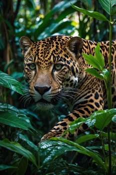 A close-up of a jaguar stealthily moving through lush greenery. photo