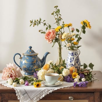 Classic Still Life Composition with Teapot, Teacup, and Flowers photo
