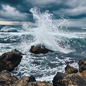 Stormy Seascape with Crashing Waves and Rocky Shore photo