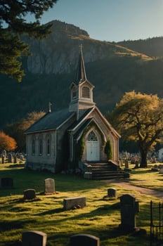 A quaint church surrounded by gravestones, set against a mountainous backdrop at sunset. photo