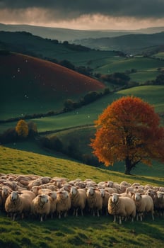 A serene landscape featuring a flock of sheep grazing near a colorful autumn tree. photo