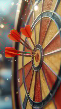 Four red darts hitting the bullseye of dartboard showing success and achievement photo