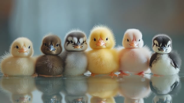 Six cute baby ducklings standing on wet glass surface photo