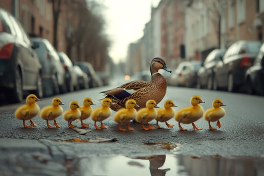 Mother duck leading ducklings across city street photo