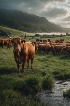 A herd of cattle grazing in a lush green landscape with mountains in the background. photo