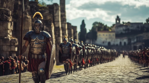 Ancient Roman Legion Marching Through Historic Streets photo