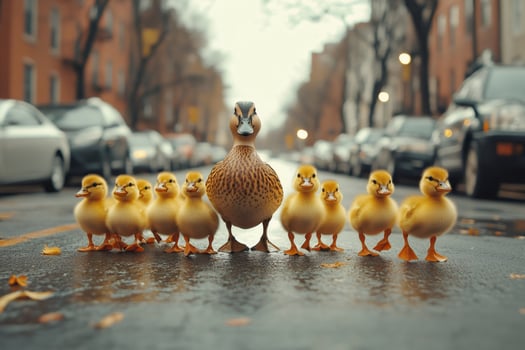 Mother duck leading ducklings across city street photo