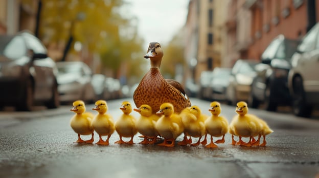 Mother duck leading ducklings across city street photo