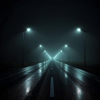 A Foggy Road with Street Lamps and Raindrops photo