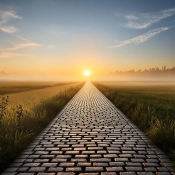 Cobblestone Path to Sunrise with Misty Fields photo