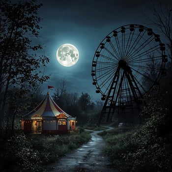 Abandoned Amusement Park at Night Under Full Moon photo