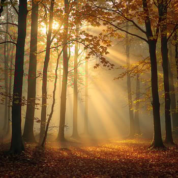 Misty Forest Sunrise with Autumn Hues photo