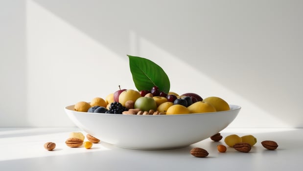 Bowl of fruit and nuts with a green leaf on top photo