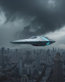 A futuristic spaceship flying over a city photo