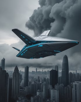 A futuristic spaceship flying over a city photo