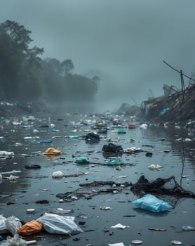 A river filled with garbage and plastic bags photo