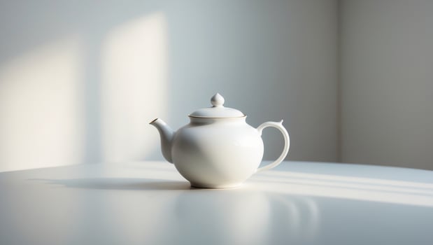 A white teapot sitting on a table in front of a window photo