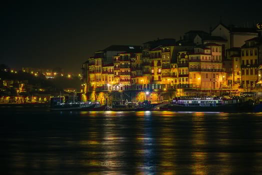 Overview of Old Town of Porto, Portugal at night photo