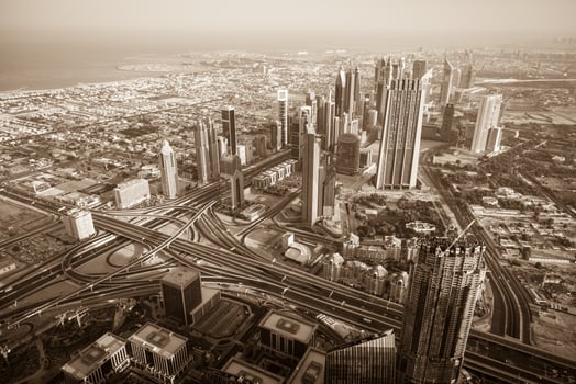 Dubai downtown morning scene. Top view photo