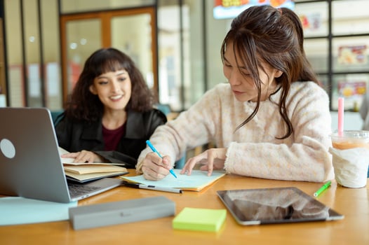 Friends Studying Together at a Cafe Working on Academic Projects photo