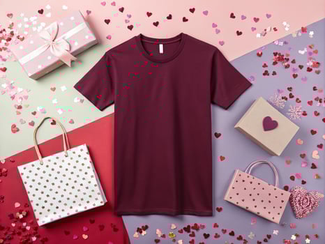 Dark maroon t shirt mockup with gift box photo