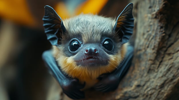 Cute bat hanging upside down in a natural habitat during daylight hours in a tropical environment photo