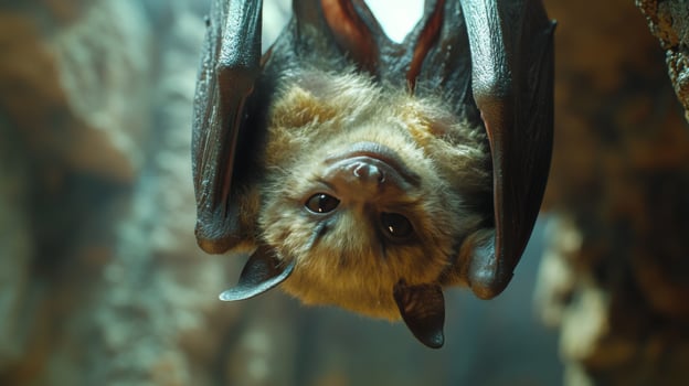 Cute bat hanging upside down in a natural habitat during daylight hours in a tropical environment photo
