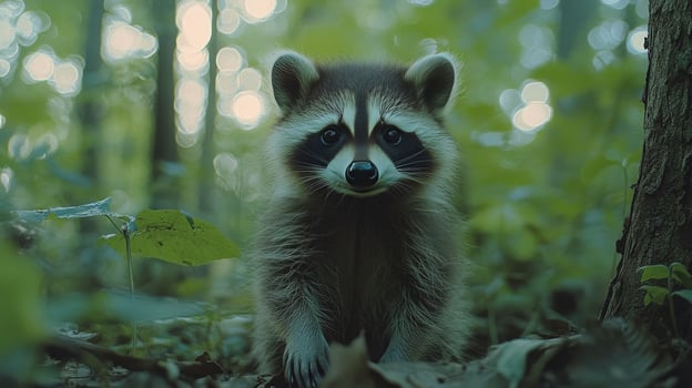 Cute raccoon standing in the forest surrounded by leaves during early evening hours photo
