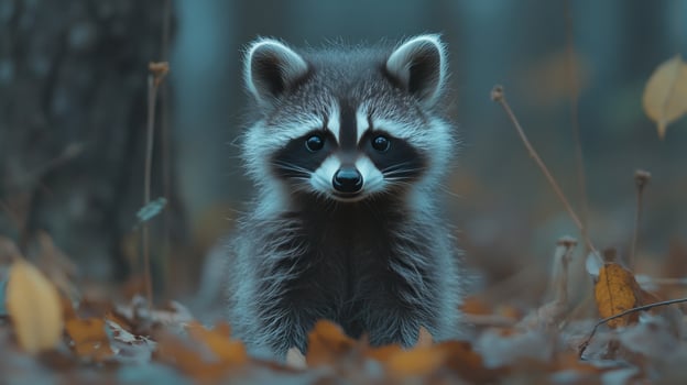 Cute raccoon standing in the forest surrounded by leaves during early evening hours photo