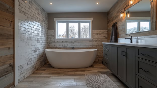 Contemporary bathroom design with freestanding tub and wooden accents creating a serene atmosphere photo