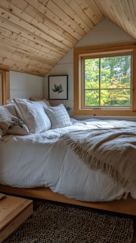 Cozy bedroom with wooden architecture and natural light in a cabin setting during autumn photo