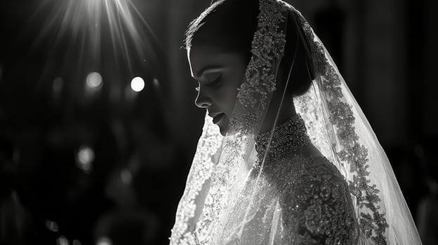 Bride in elegant veil captured during wedding ceremony with soft lighting in a serene atmosphere photo
