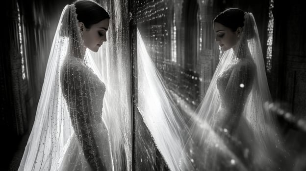 Bride in elegant veil captured during wedding ceremony with soft lighting in a serene atmosphere photo