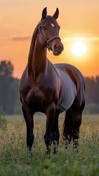 Horse stands gracefully in a golden field at sunset near a forest edge photo