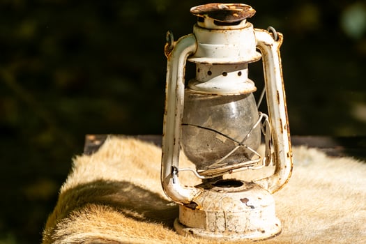 old and rusty candle on an animal skin, decoration for historical parties photo
