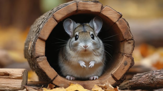 Cute small animal peeking from a wooden tunnel surrounded by autumn leaves photo